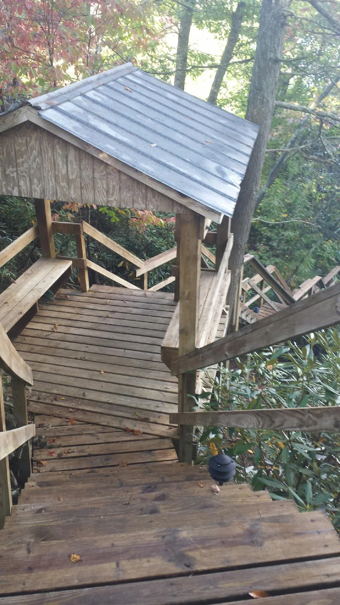 Metal roofed shelter over wooden steps on a wooded walkway — Skylight Repair & Installation work by our crew in Reedsburg